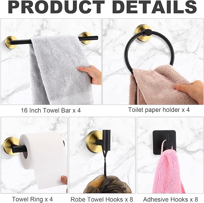 Blulu 28 Pcs Bathroom Hardware Set Stainless Steel Bathroom Accessories Set, Including 16'' Bath Towel Bar, Towel Rings, Robe Hooks, Toilet Paper Holders, Wall Mounted (Black Gold)