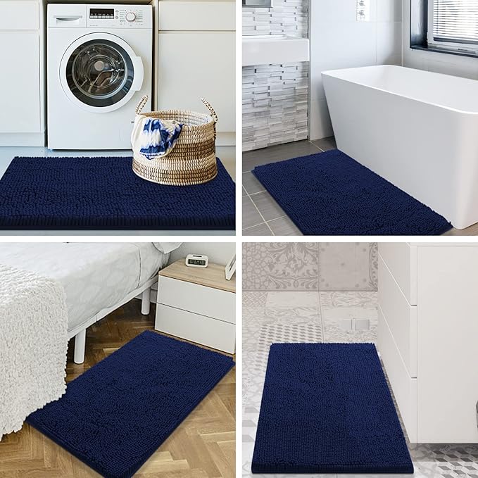 Smiry Luxury Chenille Bathroom Rugs 48x32, Extra Soft and Absorbent Shaggy Bath Mat, Machine Washable, Non-Slip Plush Carpet Runner for Tub, Shower, and Floor, Home Decor Accessories, Navy Blue