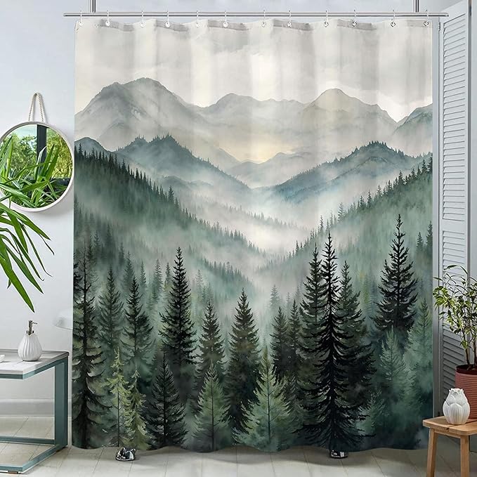 Accnicc Forest Mountain Shower Curtain Dark Green Nature Misty Pine Tree Shower Curtains for Bathroom Foggy Rustic Woodland Decorative Waterproof Fabric Bath Curtain Decor 72×78 Inches