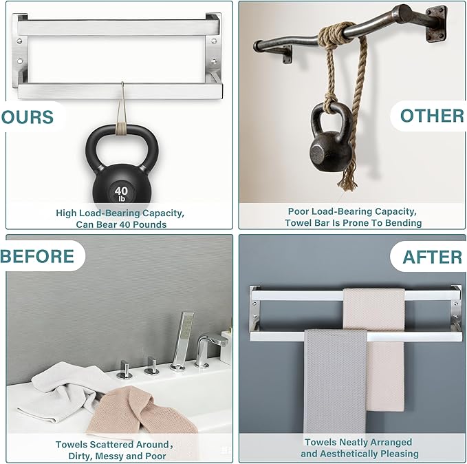 Alise Double Towel Bar, 24" Towel Racks for Bathroom Wall Mounted SUS304 Stainless Steel, Heavy Duty Bathroom Towel Holder, Quick Drying Towel Hanger, Brushed Nickel