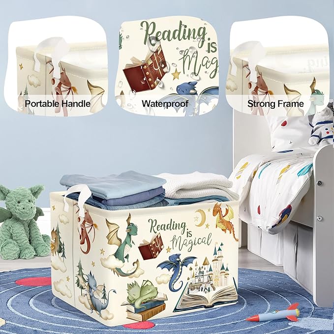 Dinosaur Laundry Hamper Large Storage Basket Cartoon Dino Collapsible Parents Organizer Kids Toy Clothes Bins for Bedroom, Bathroom, Magic Books, 36L