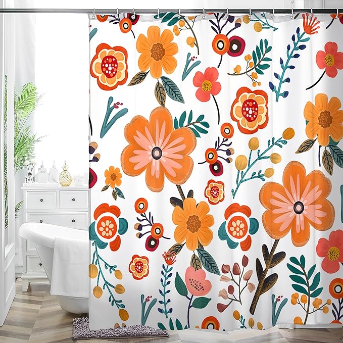HMS Happy Memories Bohemian Plant Boho Floral Print Shower Curtain, Polyester Fabric Cloth for Bathroom Decor 72×72 Inch Standard Size with 12 Hooks, Also as Room Divider (White Orange Floral)