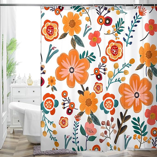 HMS Happy Memories Bohemian Plant Boho Floral Print Shower Curtain, Polyester Fabric Cloth for Bathroom Decor 72×72 Inch Standard Size with 12 Hooks, Also as Room Divider (White Orange Floral)