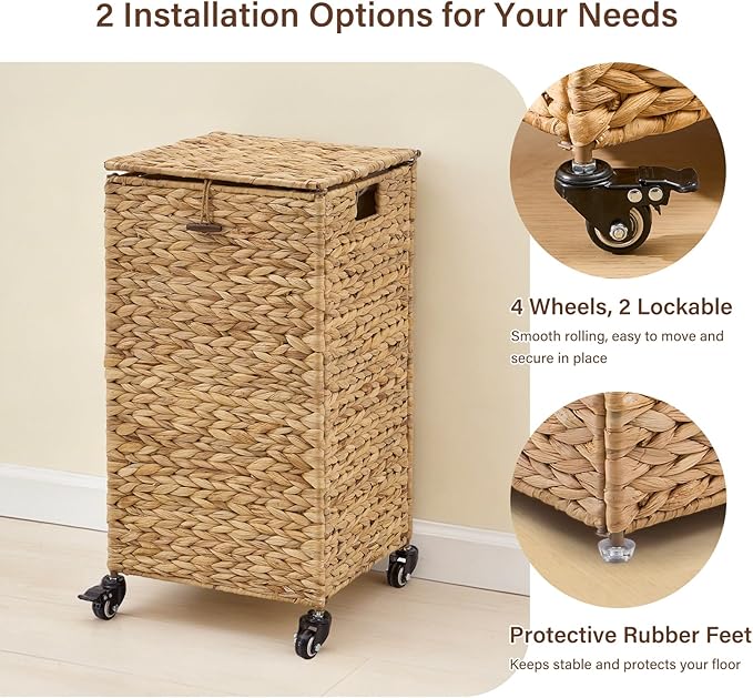Hand-Woven Laundry Basket with Wheels, Natural Water Hyacinth Laundry Hamper with Lid, Removable & Machine-Washable Liner,Clothes Hamper for Bathroom and Laundry Room(65L,Natural)