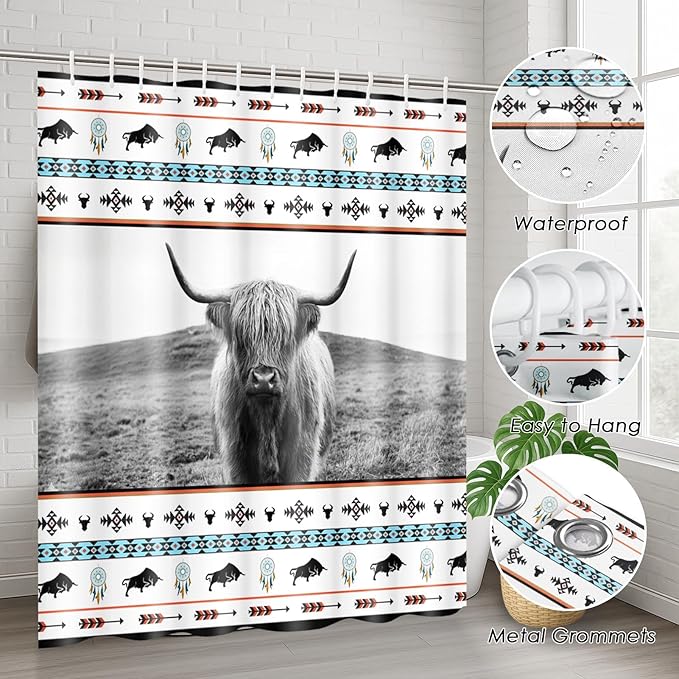 Western Highland Cow Shower Curtain Set with Toilet Lid Cover and Non-Slip Rugs, Tribal Country 4 Pcs Shower Curtain with 12 Hooks, Farmhouse Bathroom Set with Rugs and Accessories