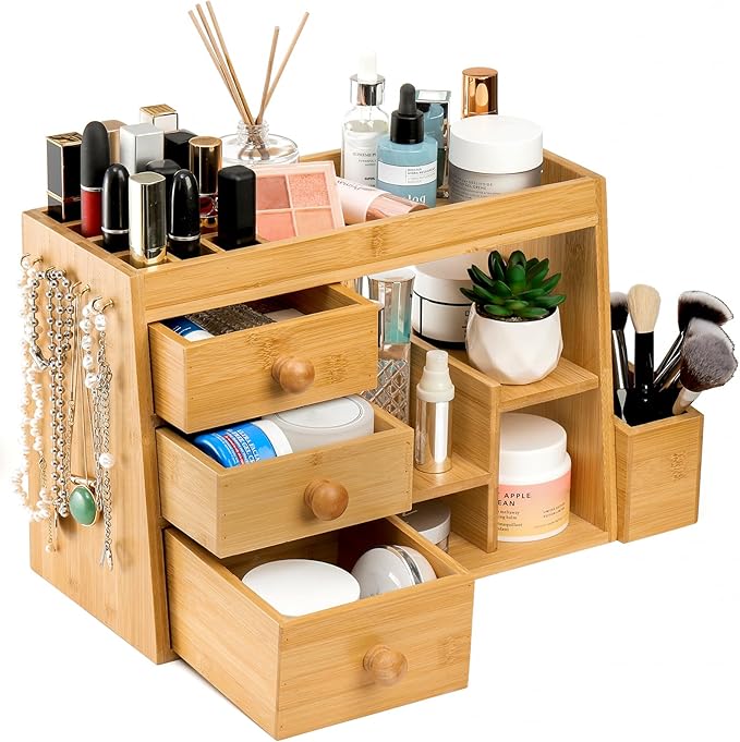 Elsjoy Large Countertop Bamboo Makeup Organizer with 3 Drawers, 12-Grid Lipstick Holder, Jewelry Hanging Hooks, Makeup Brush Holder, Desktop Wood Cosmetic Organizer Stand for Vanity