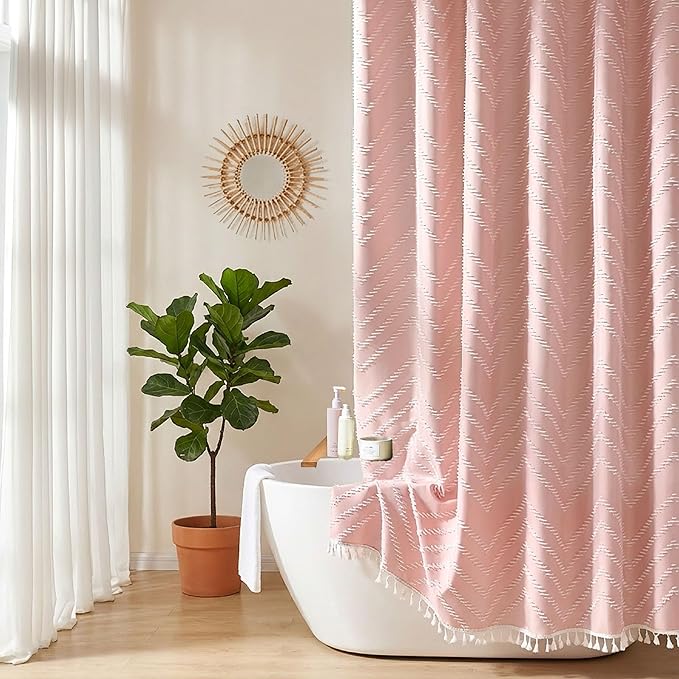 Pink Boho Shower Curtain White Tassel Woven Fabric Cute Shower Curtain Modern Farmhouse Textured Tufted Chevron Striped Minimalist 72 x 72 Bathroom Shower Curtains