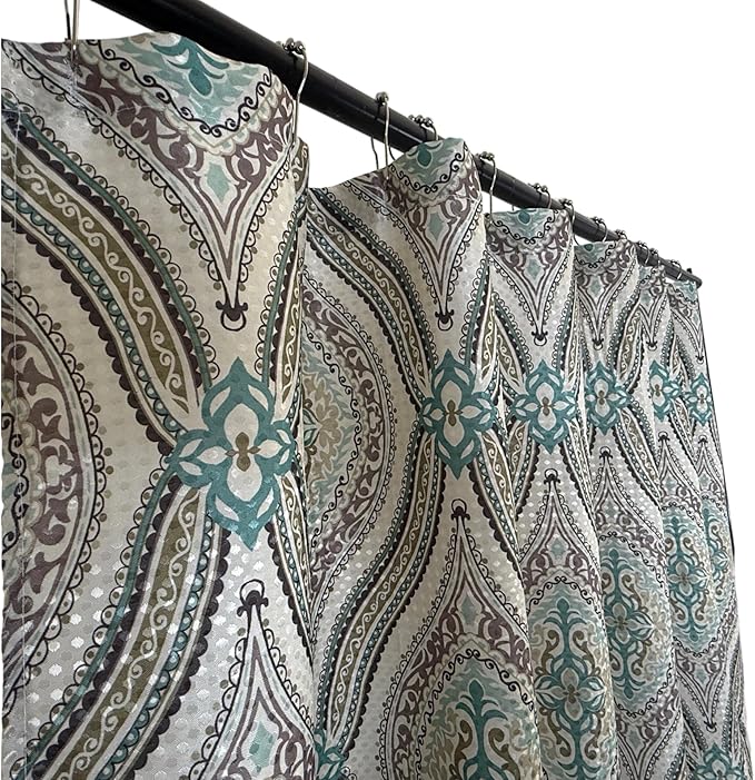 Serafina Home Hotel Quality Fabric Bathroom Shower Curtain: Modern Damask Paisley - Beige, Green and Taupe (72 x 70 inches)