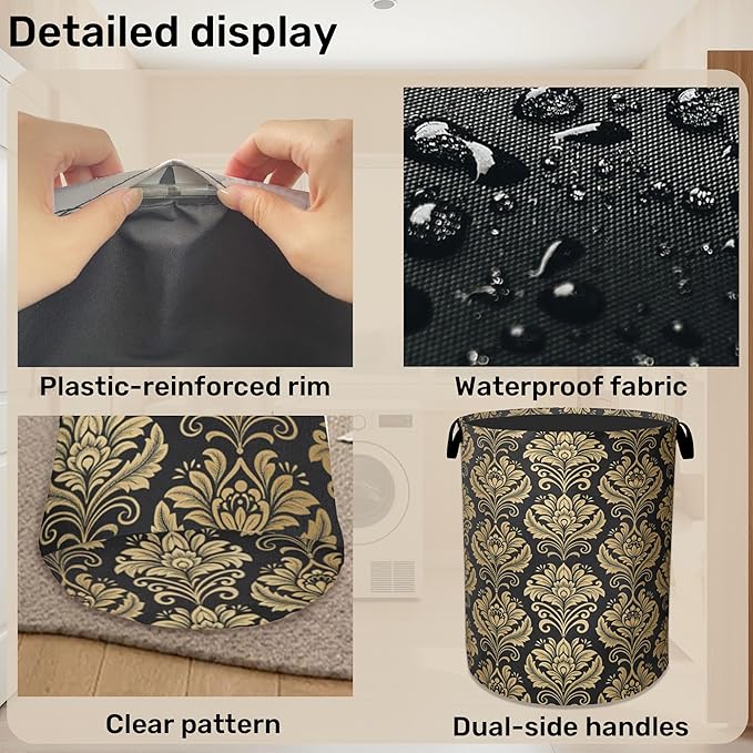 Gold Black Damask Flowers Laundry Basket - Extra Large Foldable Washable Laundry Hamper with Handles, Storage Bin for Bathroom/Laundry/Bedroom/Dorm