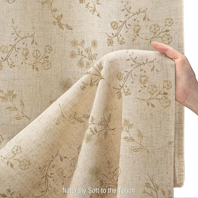 Beige Floral Farmhouse Vintage Linen Shower Curtain, French Country Shower Curtains for Bathroom, 72Wx72H
