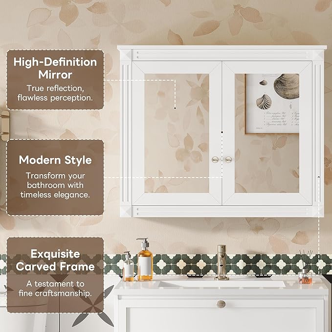 Merax Bathroom Medicine Cabinet with Mirror Door & Adjustable Shelves, 36" x 28" Wall Mounted Bathroom Storage Cabinet with Mirror, Over The Toilet