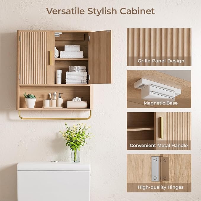 Memobarco Bathroom Cabinet Wall Mount with Fluted Door Panel & Adjustable Shelf, Medicine Cabinet with Open Partition and Towel Bar, Wall Storage Cabinet for Laundry Room & Kitchen (Natural Oak)