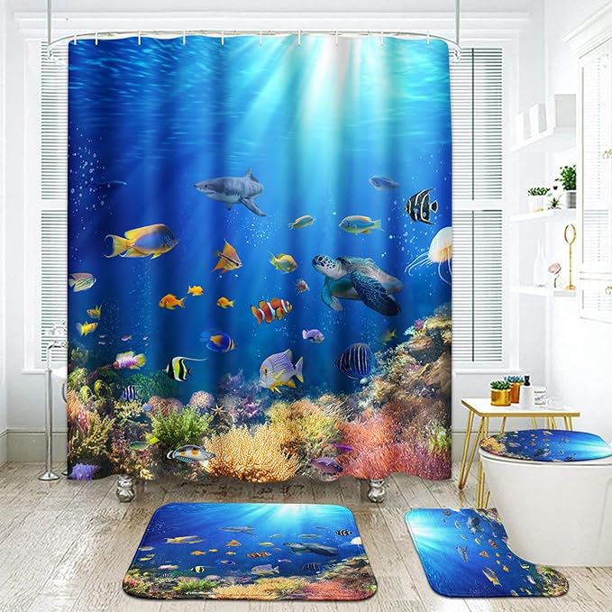 Britimes 4 Piece Shower Curtain Sets, with 12 Hooks, Nature Ocean Sea Turtle and Fish with Non-Slip Rugs, Toilet Lid Cover and Bath Mat for Bathroom Decor Set, 72" x 72"