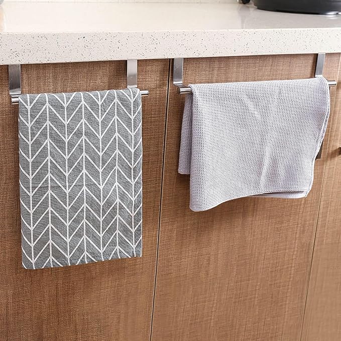 2 Pack Over The Door Towel Rack, Towel Rack for Cabinet, Over Cabinet Towel Holder, Stainless Steel Dual-Side Rack with EVA Pads, No-Tool Mount for Doors ≤0.83" Thick (9.4"/14.2", Brushed Nickel)