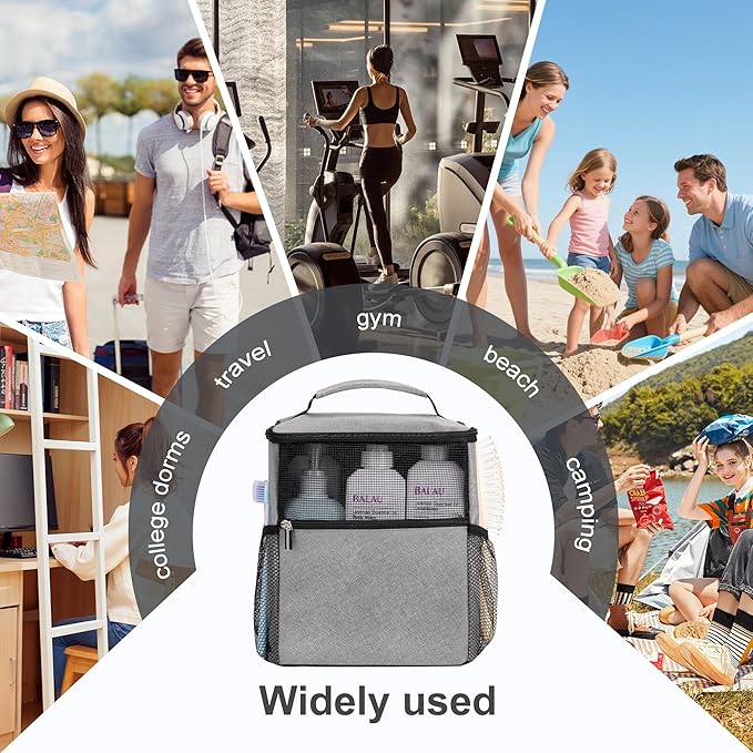 Mesh Shower Caddy Hanging Portable, Bathroom Caddy Organizer for College Dorm Essentials, Shower Tote Bag with Built-in Hook for Beach, Swimming, Gym camping (Grey)