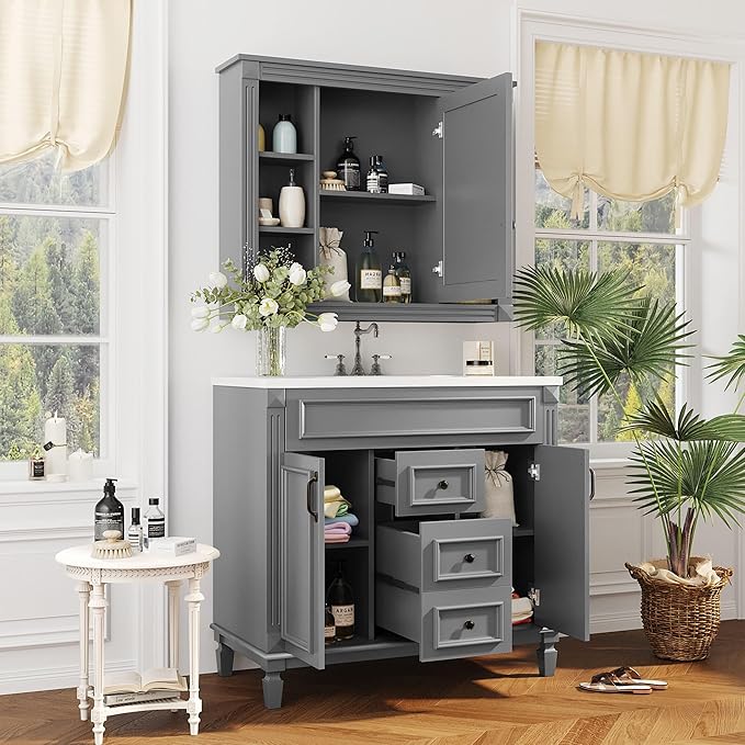 Merax Medicine Cabinet with Mirror, Wall Mount Bathroom Cabinet 35" x 28" Over Toilet Storage Cabinet Organizer with Door and Open Shelves, Mirrored Bathroom Wall Cabinet