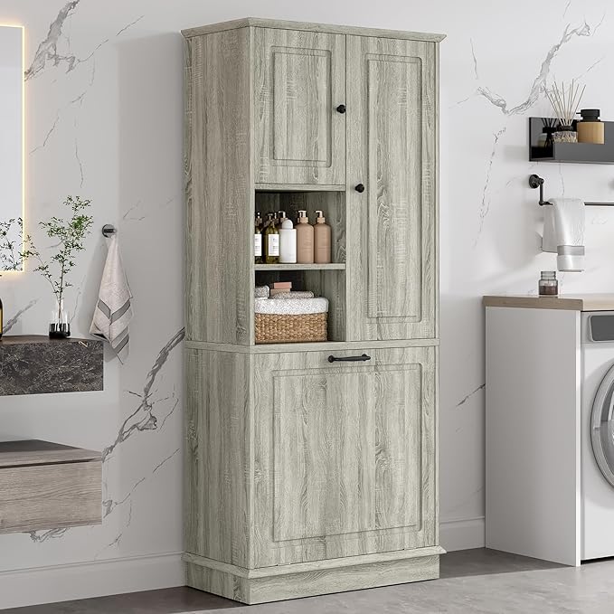 Virubi Tall Laundry Cabinet with Tilt Out Hamper, Wood Tall Laundry Room Cabinets with Doors, and Adjustable Shelves, for Bathroom Storage Organization, Freestanding, Oak