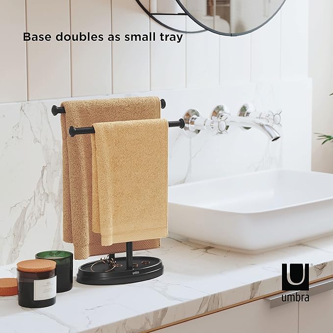 Umbra Palm Double Hand Towel Tree, Brushed Nickel 2 Towels Holder and Accessories Stand for Bathroom Vanities - Slim, Modern, Durable Bars with Base Serves as a Jewelry Tray for Rings
