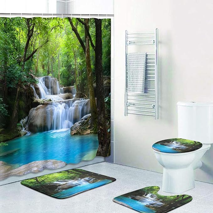 Britimes 4 Piece Shower Curtain Sets, Scenery Waterfall with Non-Slip Rugs, Toilet Lid Cover and Bath Mat, for Bathroom Decor Set, 72" x 72"