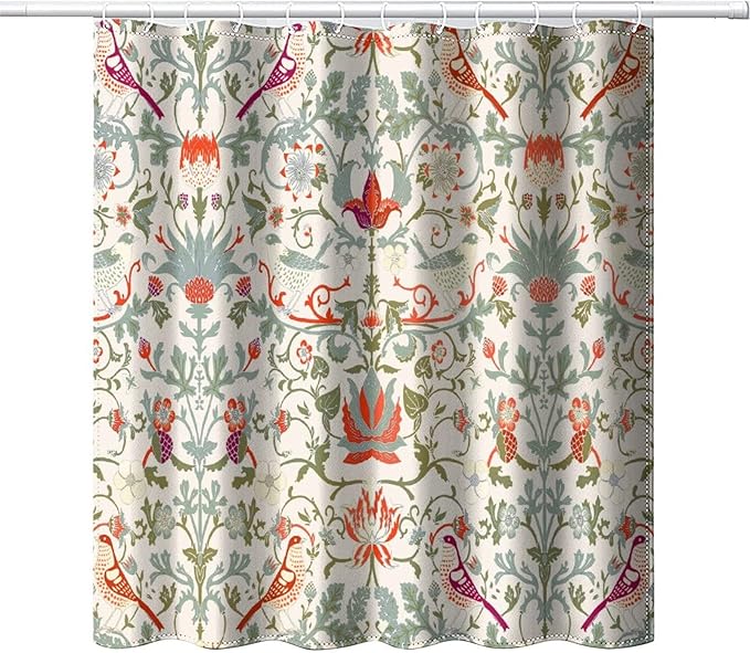 Bohemia William Morris Art Fabric Shower Curtain,Abstract Retro Mid Century Boho Floral Bird Hotel Quality,Machine Washable,72L x66W for Bathroom.