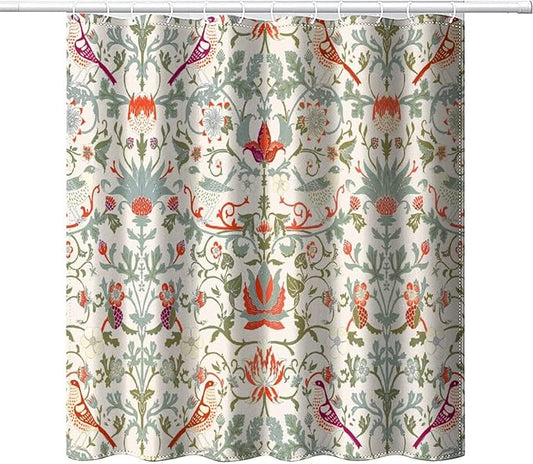 Bohemia William Morris Art Fabric Shower Curtain,Abstract Retro Mid Century Boho Floral Bird Hotel Quality,Machine Washable,72L x66W for Bathroom.