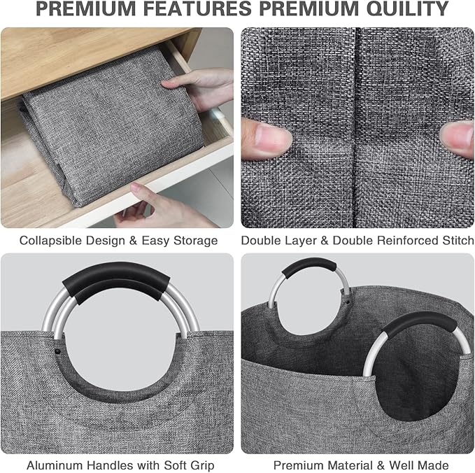 Huge Laundry Basket Collapsible with Durable Handles, Extra Large Tall Laundry Hamper Bag, Big Heavy Duty Dirty Clothes Hampers, Sturdy, Foldable, Two-Layer, Grey 160L