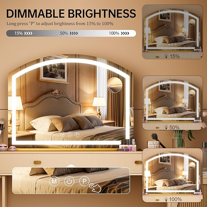 Hasipu Arch Vanity Mirror with Light, Arched Led Makeup Mirror with 10X Magnification, Tabletop Desk Mirror with USB Charging Port, Dimmable 3 Colors Mode, 32" x 24" Inch Gold