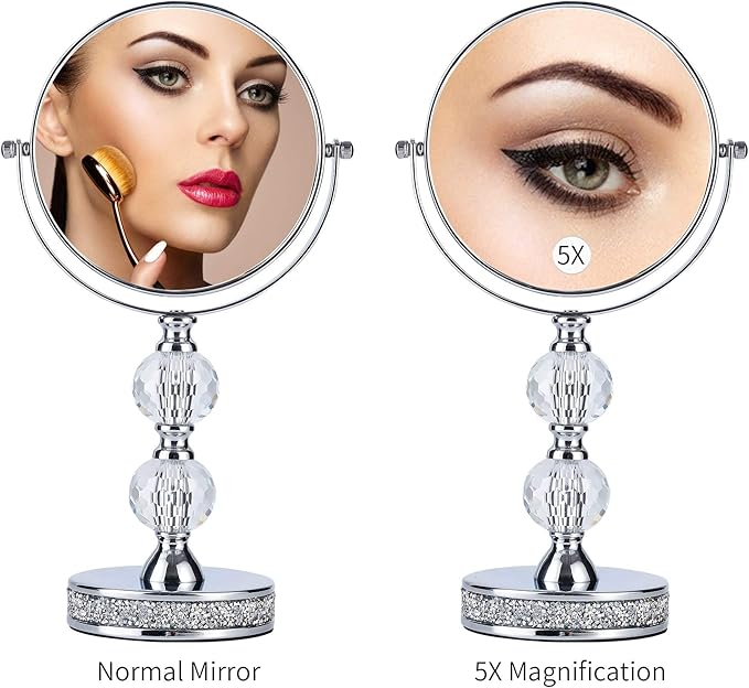 Hanjue Makeup Mirror, 360 Degree Swivel Vanity Mirror, Crystal Cosmetic Mirror, 1X/5X Magnifying Double Sided Mirror,Adjustable Makeup Mirror M020
