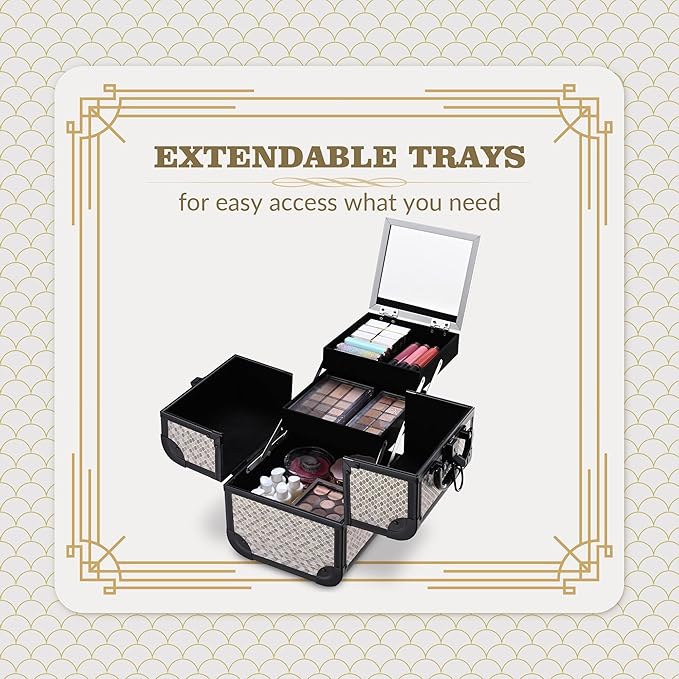BYOOTIQUE Makeup Train Case Trolley w/Cube Case Cosmetic Organizer Art Deco Graphite