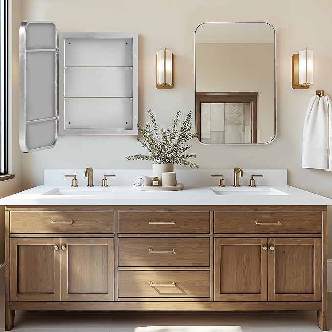 SogesHome 16x24 Bathroom Medicine Cabinet with Mirror, Stainless Steel Frame and 2 Shelves, Wall Mounted Vanity Mirror with Storage for Bathroom, Silk
