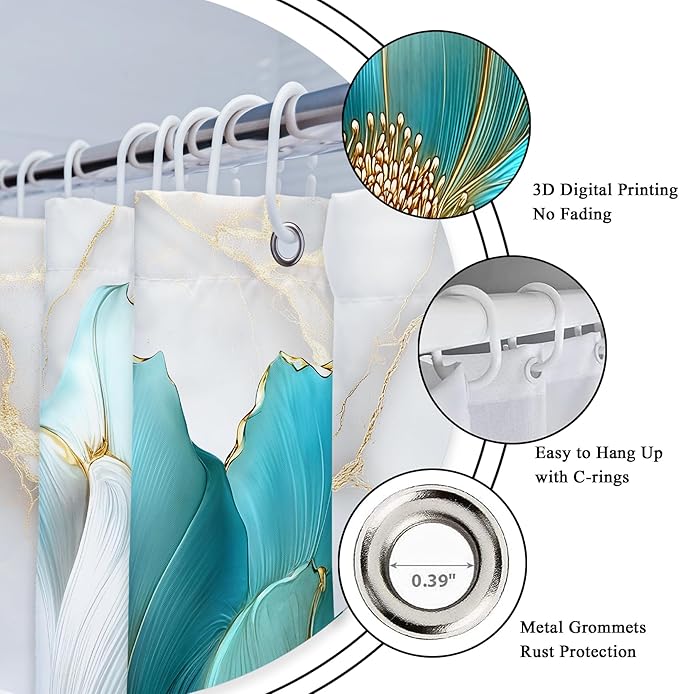 Riyidecor Teal Gold Marble Floral Shower Curtain for Bathroom Decor 72Wx72H Turquoise Abstract Ombre Flower Luxury Modern Minimalist Art Printed Fabric Polyester Waterproof 12 Pack Plastic Hooks