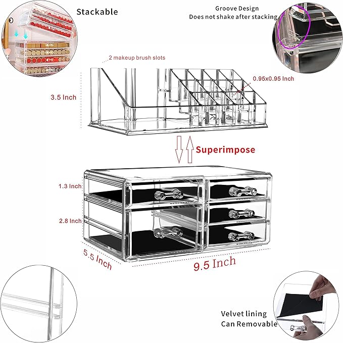 Cq acrylic 2 Pack Clear Makeup Storage Organizer,Stackable 5 Drawers Make up Organizers,Cute Desk Organizer for Vanity Jewelry,Hair Clip,Beauty,Skincare Product Bathroom Counter Organizers and Storage