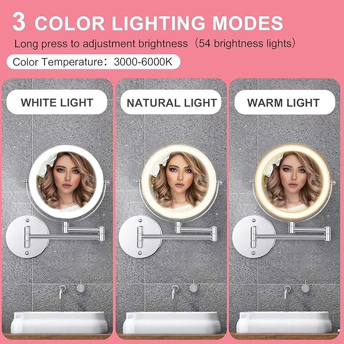 8" LED Wall Mounted Makeup Mirror, 1X/10X Magnifying Vanity Mirror with 3 Color Modes, 2000mAh Rechargeable 360° Swivel Extendable Arm, Polished Chrome for Bathroom Makeup, Shaving, Skincare
