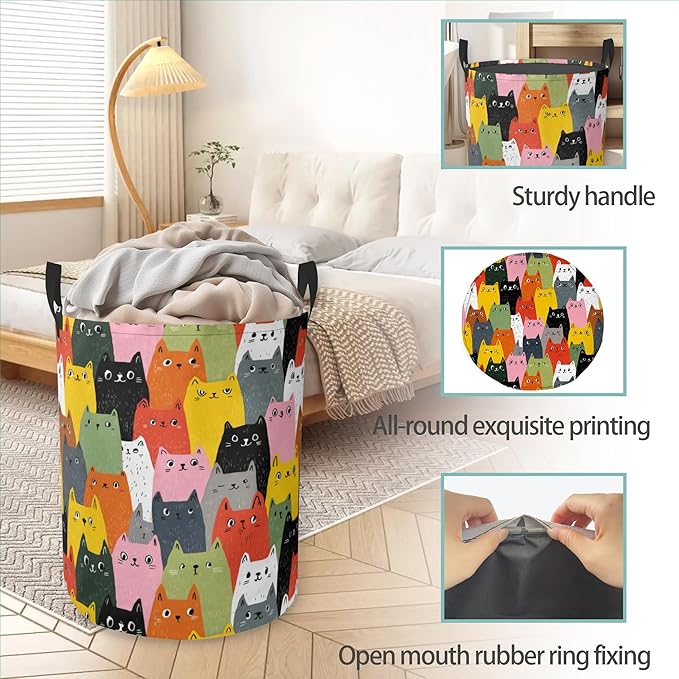 Colorful Cat Laundry Basket With Handles Tote Bag Oxford Cloth Funny Laundry Hamper Clothes Storage Bucket Toy Organizer 16" X 20.8"For Bathroom/Laundry/Bedroom