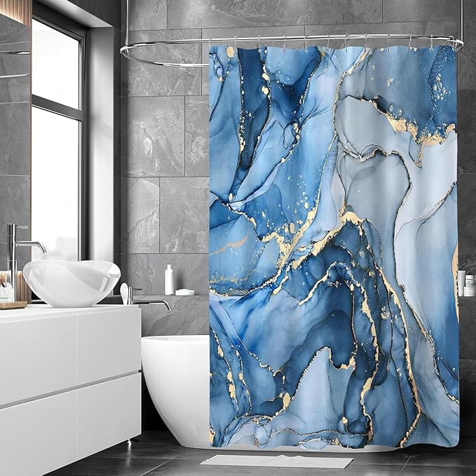 NBVKO 4 Pcs Blue Marble Shower Curtain Sets with Rugs Gold Bathroom Sets with Shower Curtain and Rugs Modern Abstract Bathroom Decor Accessories Shower Curtains for Bathroom Toilet Lid Cover
