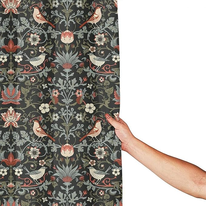 Boho Shower Curtain William Morris Art Print Retro Bird Plant Natural Flower Pattern Print Shower Curtains 66""×72"" Inch, Style-2