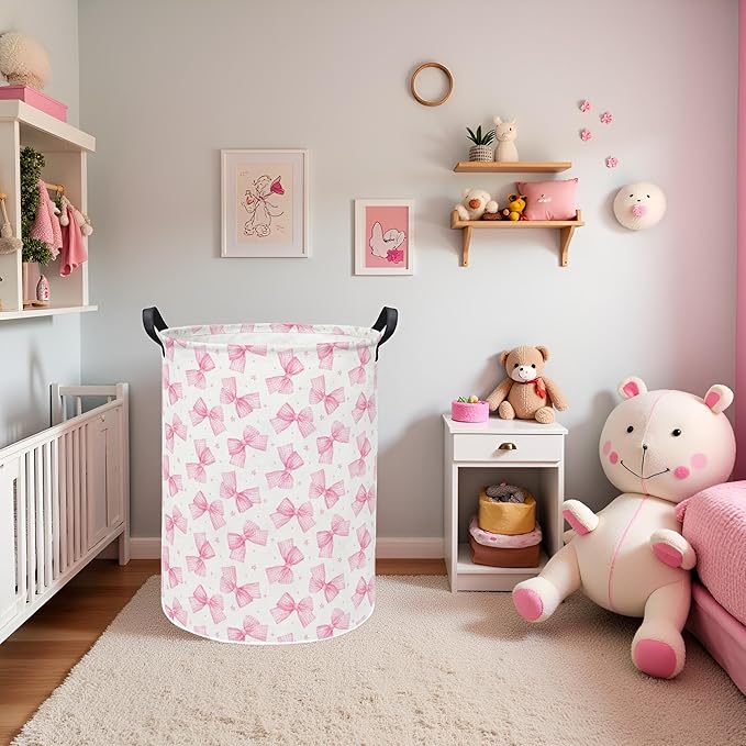Baby Laundry Hamper kids laundry Basket Waterproof Storage Bin for Bedroom Toy Clothes Organizer Basket Woodland Animals Room D??cor(Pink Bowknot)