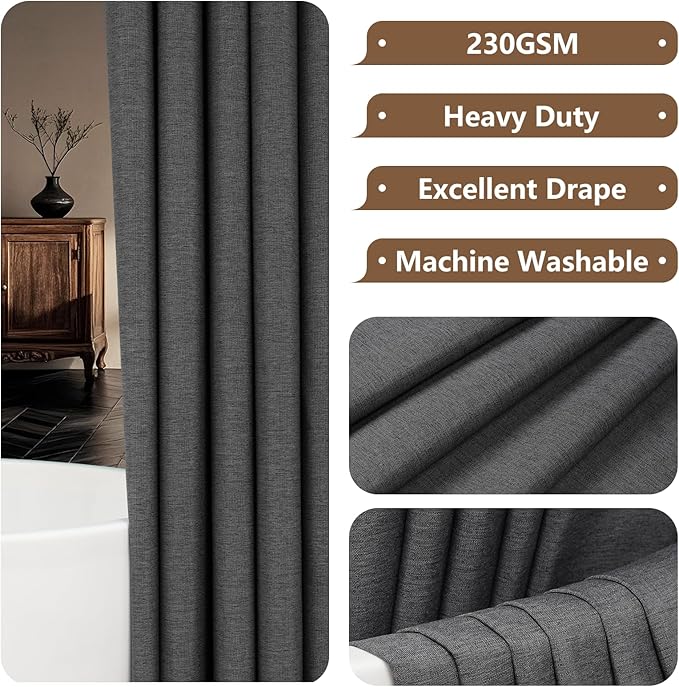 Rustic Country Linen Look Shower Curtain Charcoal Grey, Heavyweight Faux Linen Polyester Fabric Shower Curtain Water-Resistant, 72 x 72 Inch Dark Gray Bath Curtain Washable for Bathroom Hotel