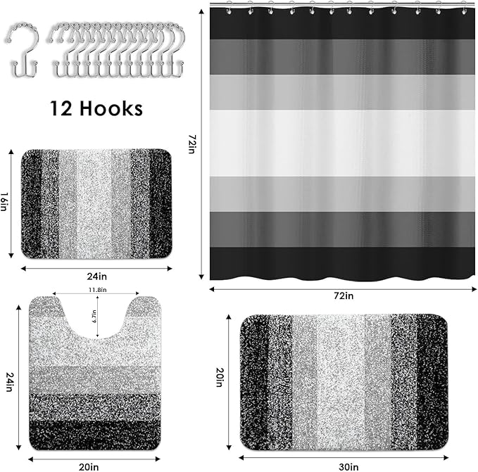 Britimes Black Stripes Bathroom Sets with Shower Curtain and Rugs, Modern Minimalist Ombre Grey Waterproof Shower Curtain Liner and Soft Non Slip Bath Mat for Bathroom Decor and Accessories Hooks