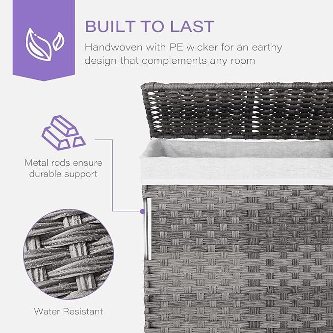 Paylesshere Laundry Basket Handwoven Laundry Hamper 90L/110L Foldable Rattan Hamper With Lid,2 Removable Liner Bags & 6 Laundry Bags,Clothes Hamper Bathroom Laundry Basket,Grey