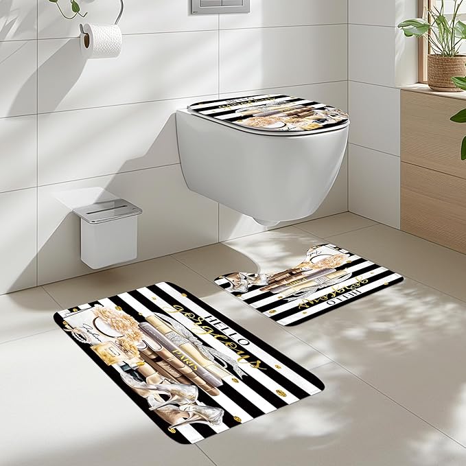 Cinbloo 4Pcs Black Yellow Shower Curtain Set, Fashion Flower Perfume Women Girl Girly Modern Bathroom Curtain with Rug, Toilet Lid Cover, Bath Mat, High Heels Magazine Shower Curtain with 12 Hooks