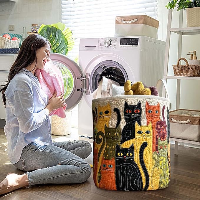 Cute Cat Quilted Laundry Basket with Handles, Boho Floral Fabric Quilted Laundry Basket, Large Soft Collapsible Storage Hamper for Nursery, Bedroom, Bathroom, Clothes & Toy Organization (#01)