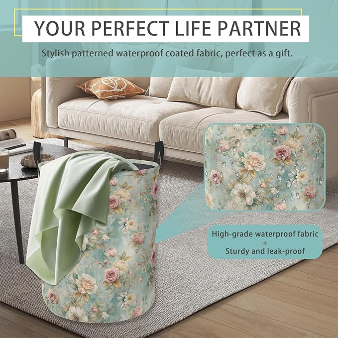 Laundry Hamper Foldable Oxford Cloth Vintage Flowers Laundry Basket With Handle Portable Clothes Storage Organizer Basket Storage Bag For Laundry Room/Bedroom/Bathroom