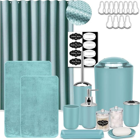 IMAVO Blue Bathroom Accessories,Non Slip Absorbent Bathroom Rugs and Waterproof Shower Curtain with Hooks,Complete Bathroom Set for Bathroom Décor