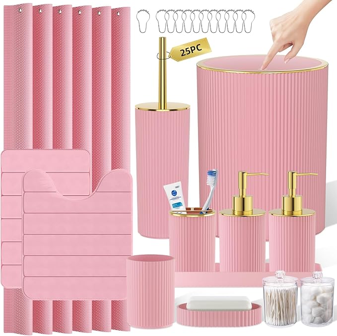 Light Pink Bathroom Accessories Set - Bathroom Sets, 25PC Bath Accessory Set, Bathroom Sets with Push Top Trash Can, Shower Curtain and Rugs, Toilet Brush, Trash Can & Soap Dispenser