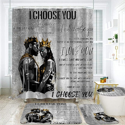 4pcs Romantic Couples Shower Curtain and Rugs Toilet Lid Cover Bath Mat, Full in Love Black Man Women Shower Curtain Set with Hooks, Black King Queen Valentine's Day Bathroom Decor Set