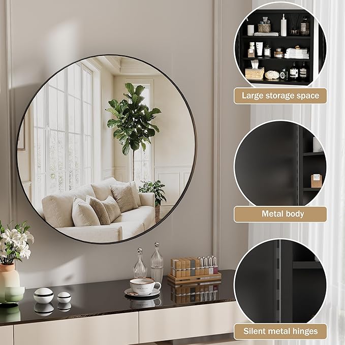 Round Bathroom Medicine Cabinet with Mirror,Wall Mounted Vanity Mirror with Adjustable Shelves Metal Storage Cabinet for Bathroom Bedroom (No Assembly Required) Black 20.5 * 20.5''