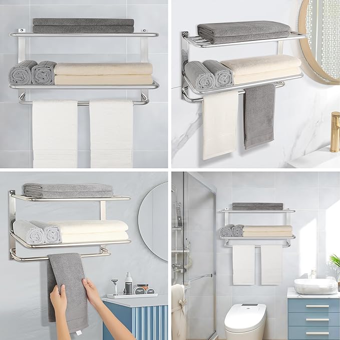 Towel Rack for Bathroom, DEWVIE 24 Inch Tower Holder with Tower Bars, SUS 304 Stainless Steel Lavatory Bath Towel Shelf Towel Hanger Wall Mount, 3-Tier (Brushed Nickel)