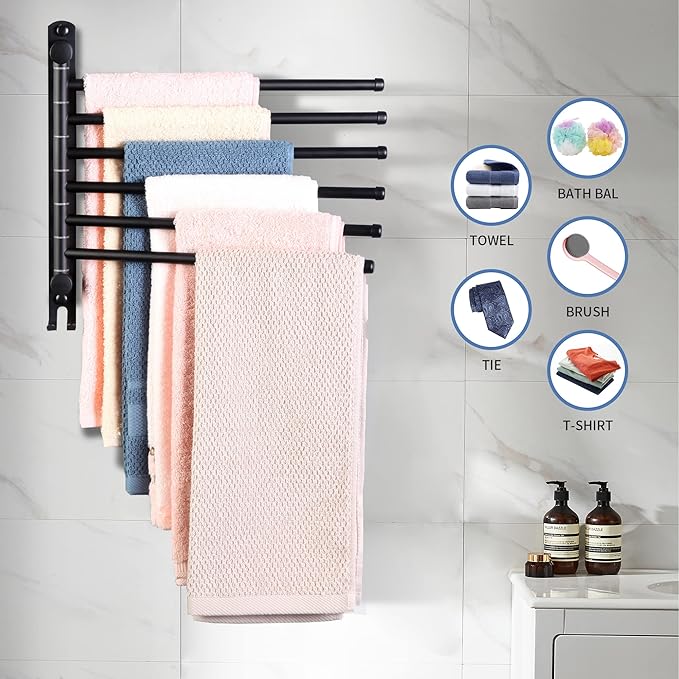 Swivel Towel Rack, 12.6 Inch Towel Bar with Wall Mounted 180° Rotation, 6 Arms Towel Hanger SUS 304 Stainless Steel, Space Saving for Kitchen, Bathroom, Outdoor, Matte Black