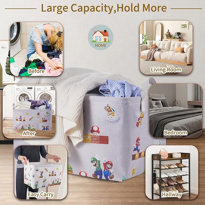 Super Storage Basket for Kids,Collapsible Baby Laundry Large Hamper,Waterproof Nursery Bedroom Decor,Brothers Dirty Clothes Basket ,Boys and Girls Birthday Gift Bag Toy Bin(Grey,Rectangular)